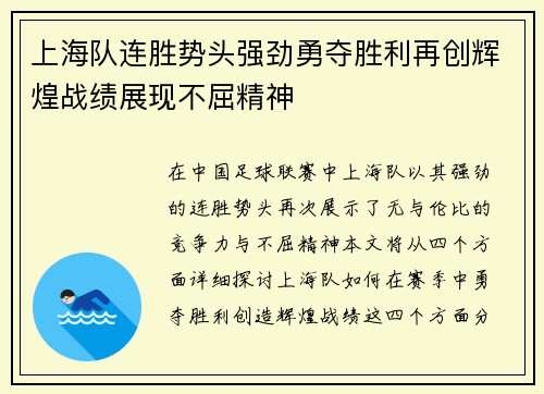 上海队连胜势头强劲勇夺胜利再创辉煌战绩展现不屈精神