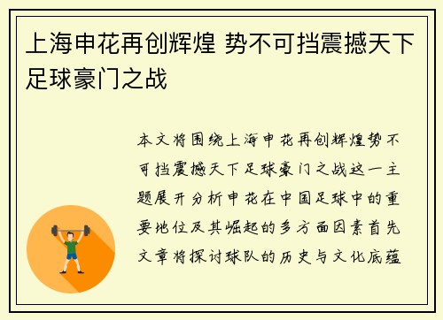 上海申花再创辉煌 势不可挡震撼天下足球豪门之战