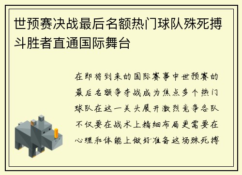 世预赛决战最后名额热门球队殊死搏斗胜者直通国际舞台