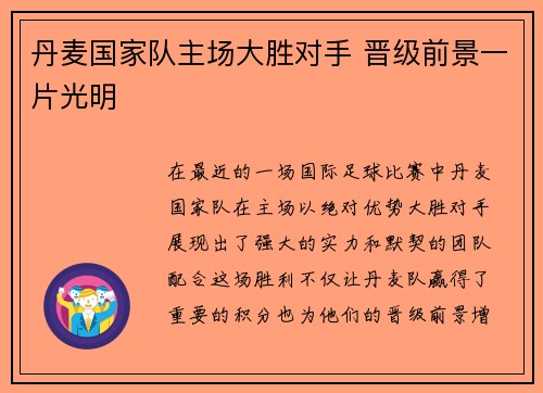 丹麦国家队主场大胜对手 晋级前景一片光明