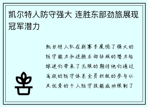 凯尔特人防守强大 连胜东部劲旅展现冠军潜力