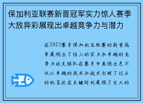 保加利亚联赛新晋冠军实力惊人赛季大放异彩展现出卓越竞争力与潜力