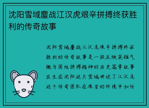 沈阳雪域鏖战江汉虎艰辛拼搏终获胜利的传奇故事