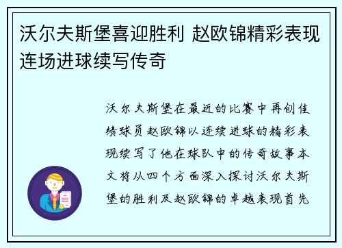 沃尔夫斯堡喜迎胜利 赵欧锦精彩表现连场进球续写传奇