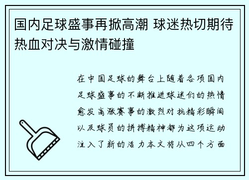 国内足球盛事再掀高潮 球迷热切期待热血对决与激情碰撞