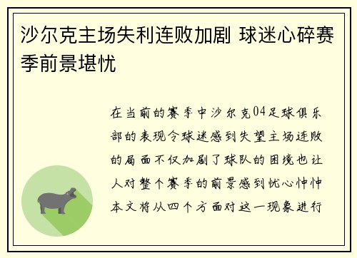 沙尔克主场失利连败加剧 球迷心碎赛季前景堪忧