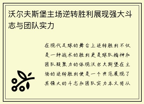 沃尔夫斯堡主场逆转胜利展现强大斗志与团队实力