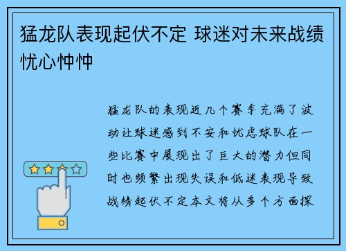 猛龙队表现起伏不定 球迷对未来战绩忧心忡忡