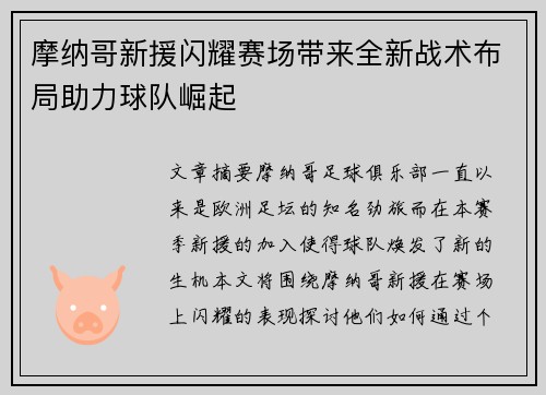 摩纳哥新援闪耀赛场带来全新战术布局助力球队崛起