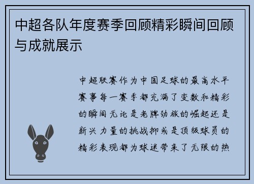中超各队年度赛季回顾精彩瞬间回顾与成就展示