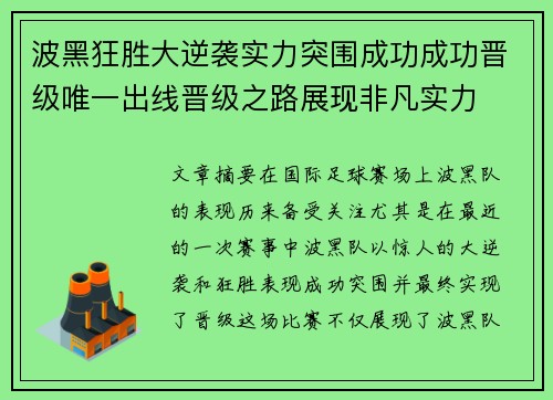 波黑狂胜大逆袭实力突围成功成功晋级唯一出线晋级之路展现非凡实力