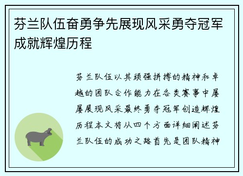 芬兰队伍奋勇争先展现风采勇夺冠军成就辉煌历程