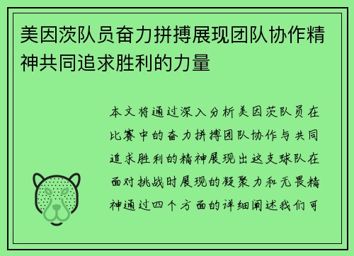 美因茨队员奋力拼搏展现团队协作精神共同追求胜利的力量