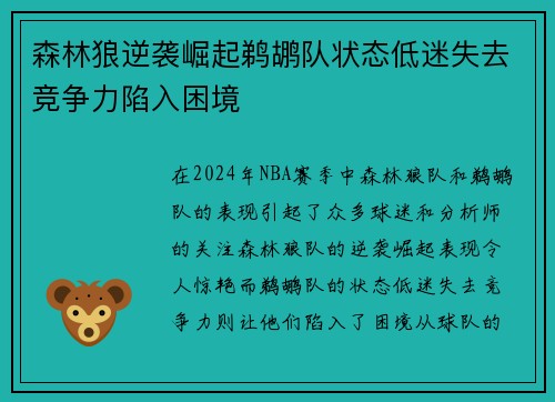 森林狼逆袭崛起鹈鹕队状态低迷失去竞争力陷入困境