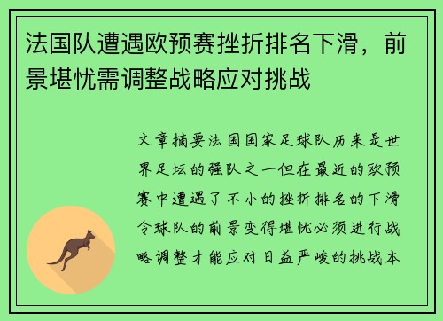 法国队遭遇欧预赛挫折排名下滑，前景堪忧需调整战略应对挑战