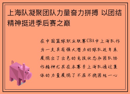 上海队凝聚团队力量奋力拼搏 以团结精神挺进季后赛之巅