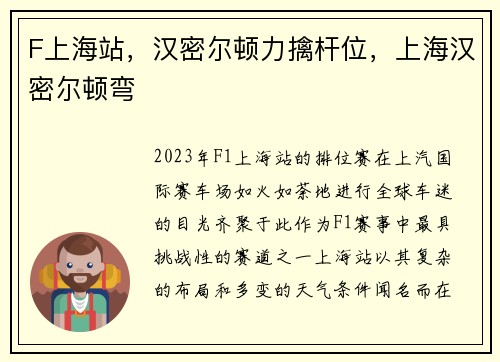 F上海站，汉密尔顿力擒杆位，上海汉密尔顿弯