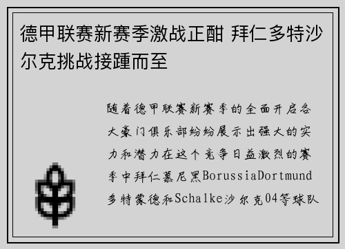 德甲联赛新赛季激战正酣 拜仁多特沙尔克挑战接踵而至